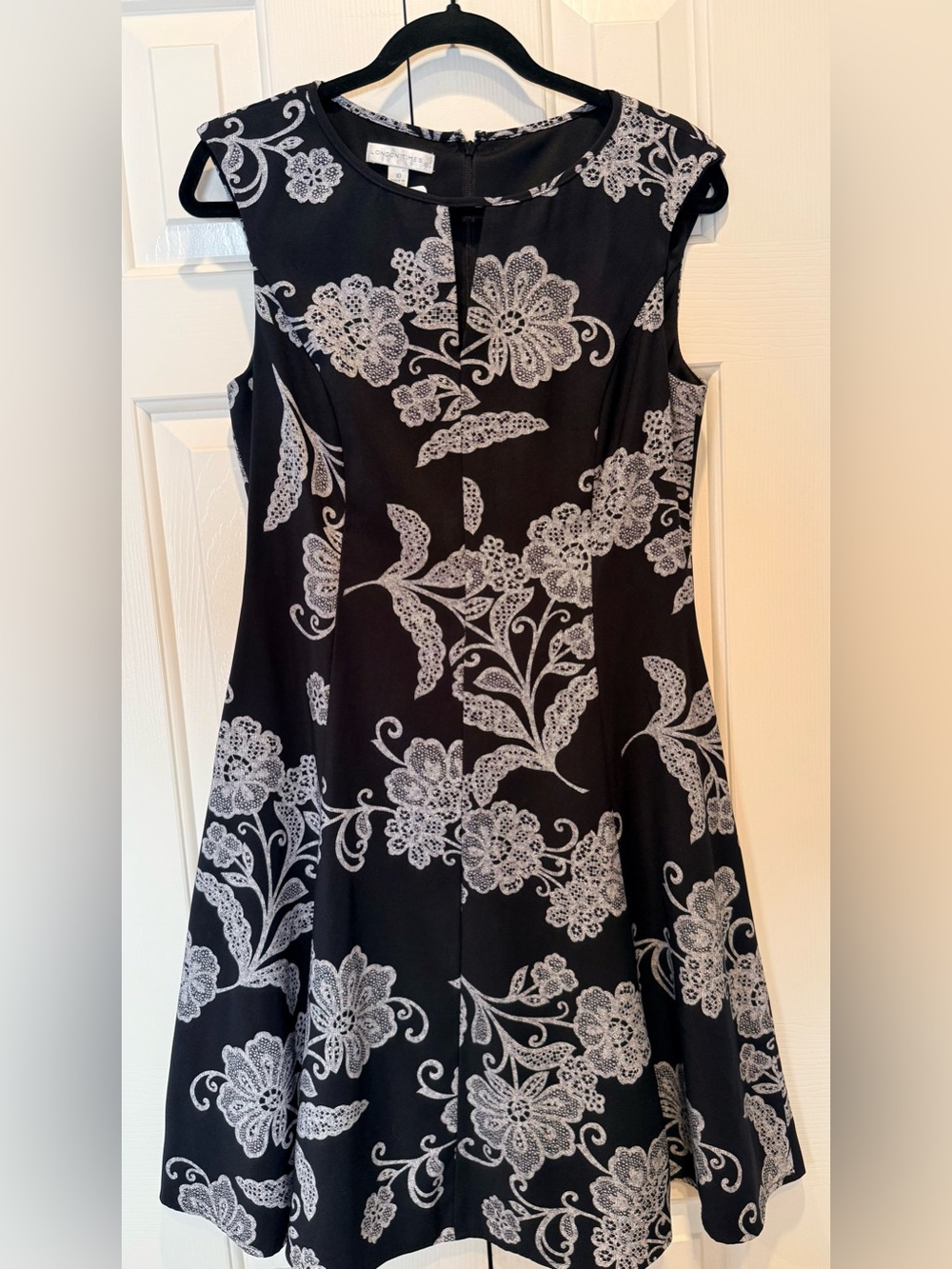 London Times Black Midi Dress with White Floral Lace Print